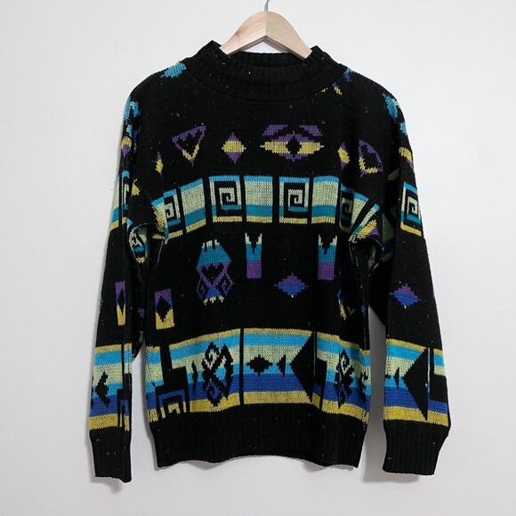 Vintage Jane Adams 90s Geometric Print Pullover Knit Sweater - Picture 2 of 7